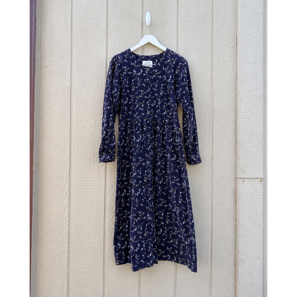 Northern Treasures Small Corduroy Dress Cottagecore Floral Cotton Midi Tie Back